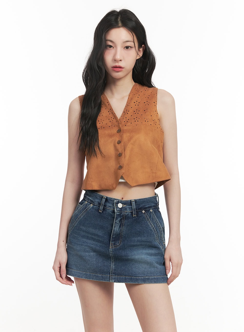 Buttoned Suede V-Neck Vest Top CF513