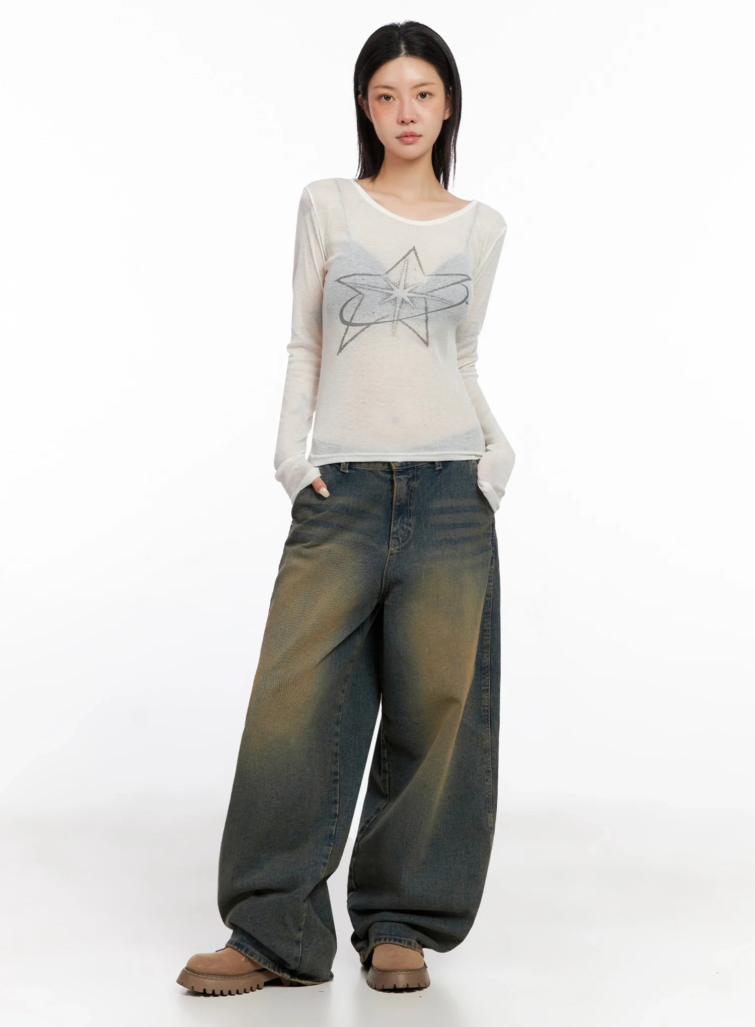 Sheer Star Graphic Long Sleeve Top IS508