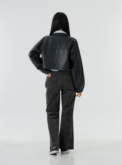 Faux Leather Button Crop Jacket OO26