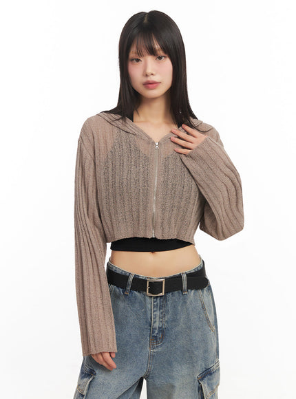 Zip-Up Sheer Hooded Cardigan IA528