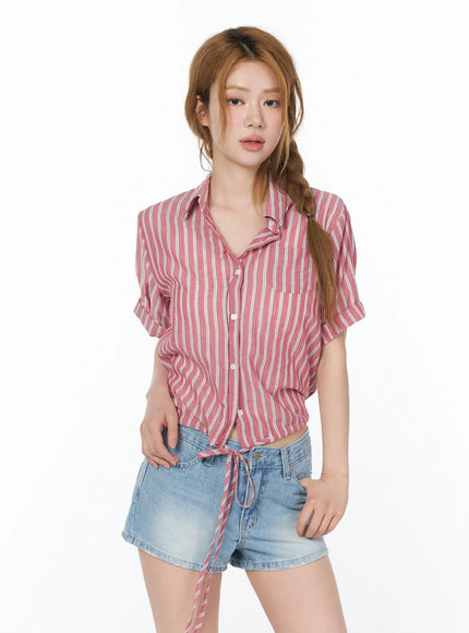 Striped Tie-Front Short Sleeve Shirt CY505