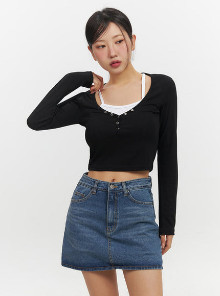 Buttoned Layered Long-Sleeve Crop Top IF510