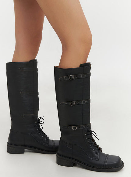 Lace-Up Buckle Faux-Leather Long Boots IF510