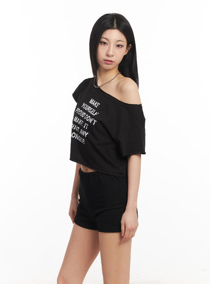 Off-Shoulder Graphic Crop Top CA514