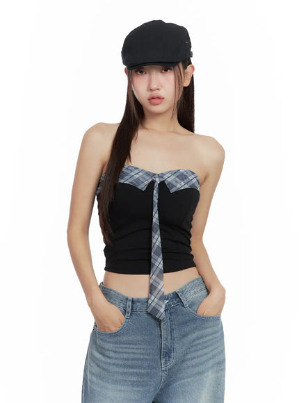 contrast-plaid-tie-tube-top-cl508
