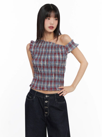 plaid-off-shoulder-blouse-in503