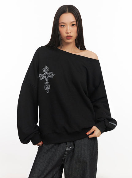 Off-Shoulder Cross Graphic Sweatshirt IA507