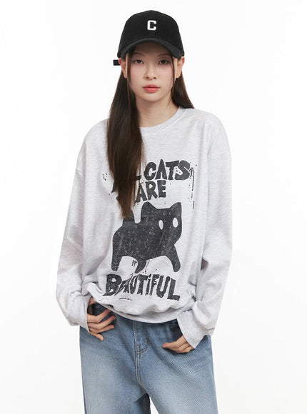 Oversized Cat Graphic Crew Neck IJ527