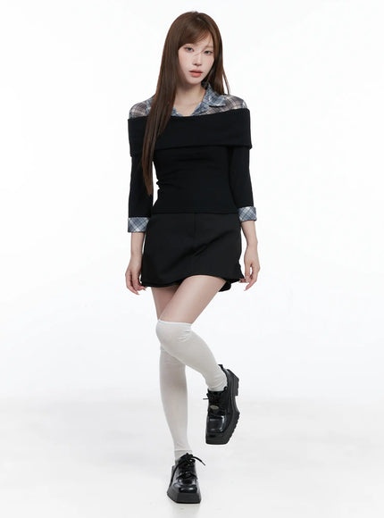plaid-collar-layered-long-sleeve-top-cg529