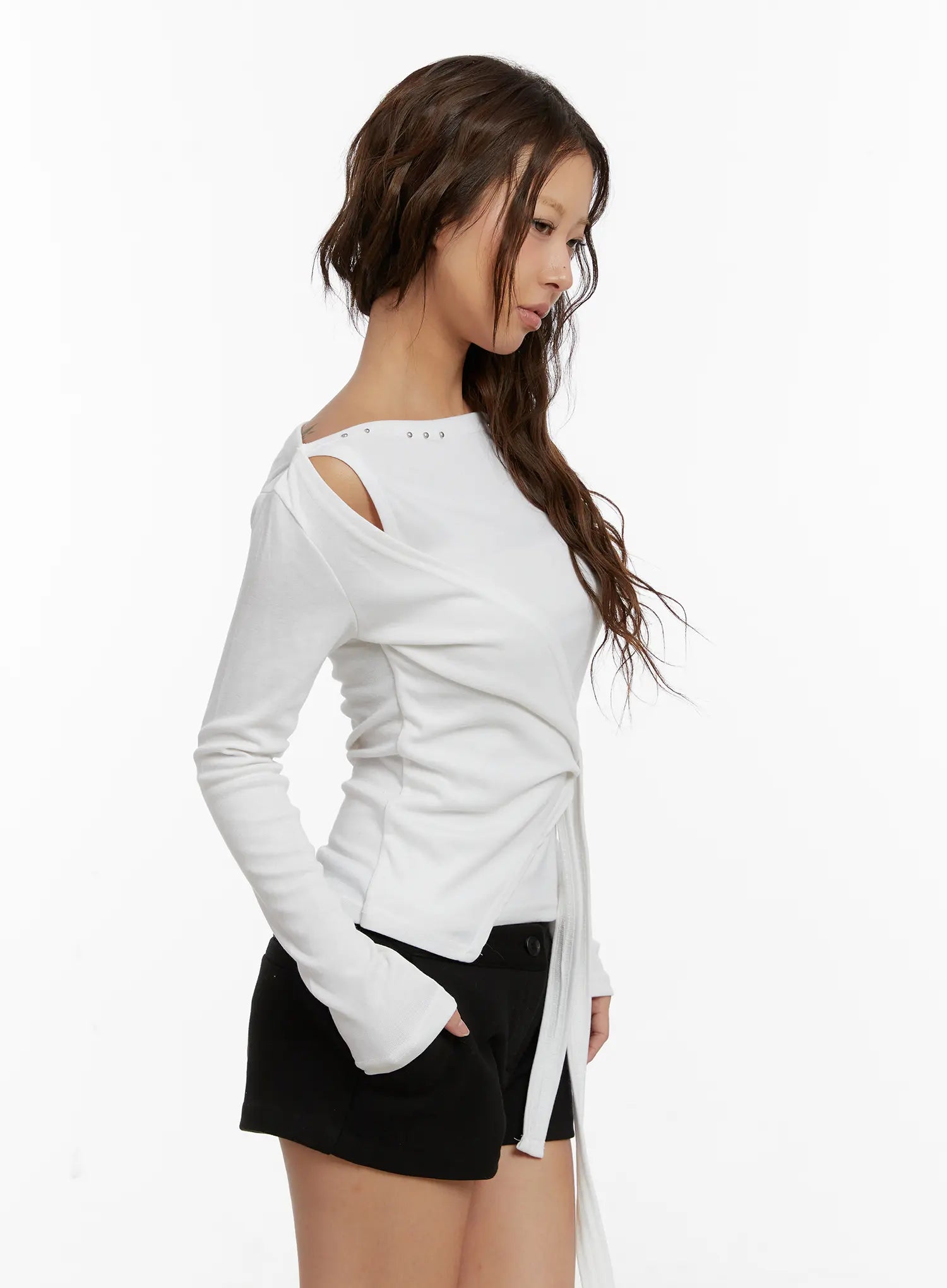 studded-off-shoulder-wrap-tie-long-sleeve-top-cd515