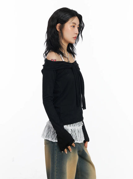 sheer-ribbon-off-shoulder-long-sleeve-top-cj522 / Black