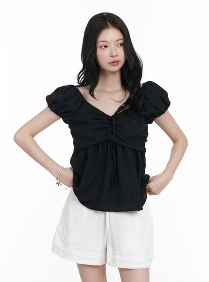 Chiffon Ruched Puff Sleeve Blouse CA510