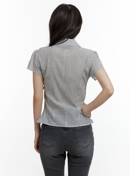 gingham-buttoned-collar-short-sleeve-blouse-cl410