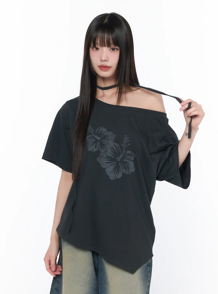 off-shoulder-floral-print-tee-ca530 / Dark gray