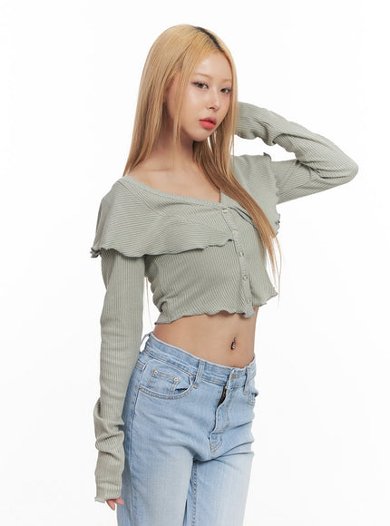 Frill Layered Long-Sleeve Button Crop Top CM505