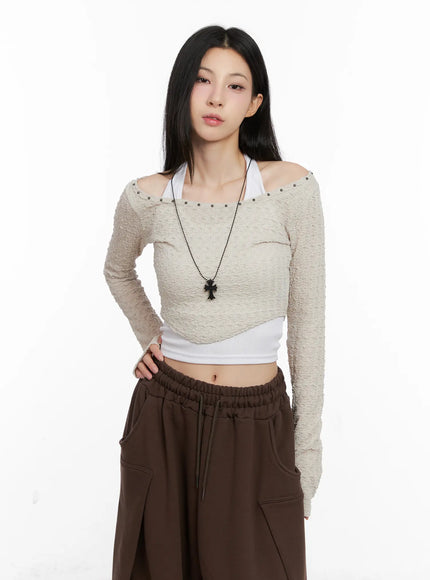 Cropped Eyelet Long Sleeve Top CG525