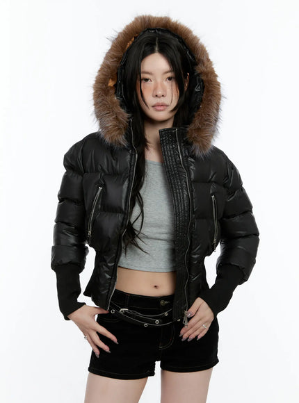 Cropped Faux-Fur Hood Puffer Jacket CN517