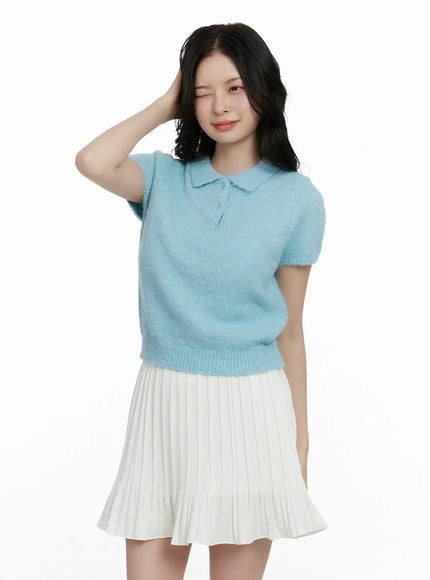 short-sleeve-collar-knit-top-f502 / Light blue