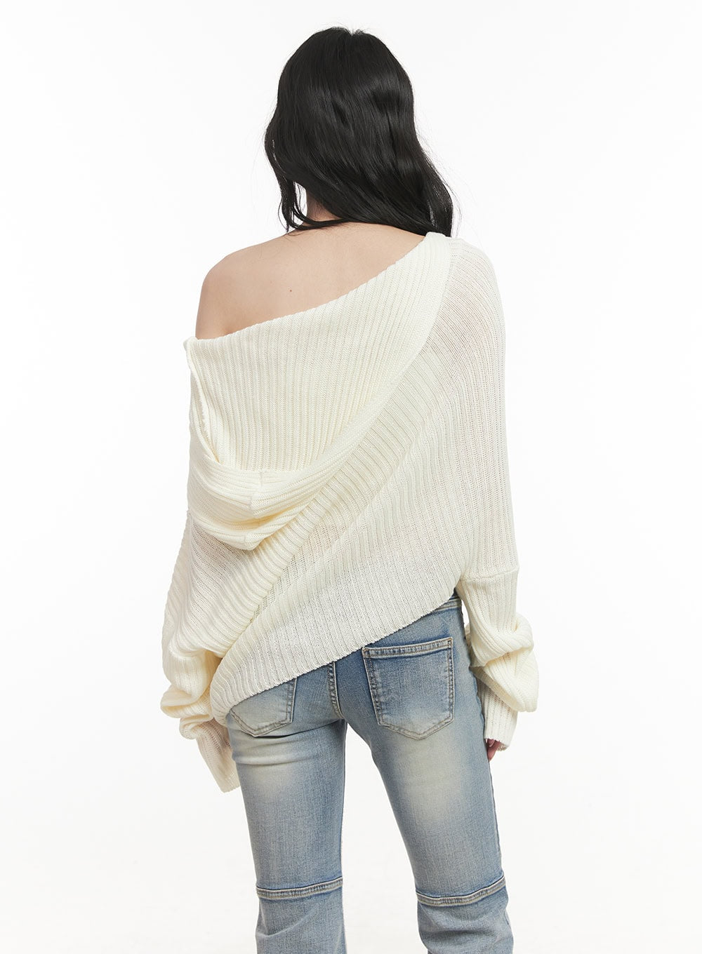 Ribbed Off-Shoulder Hooded Sweater CF513