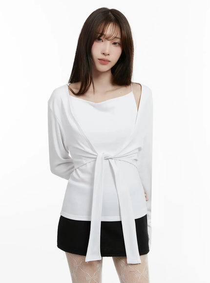 Tie Layered Knit Cami Cardigan Set IJ516