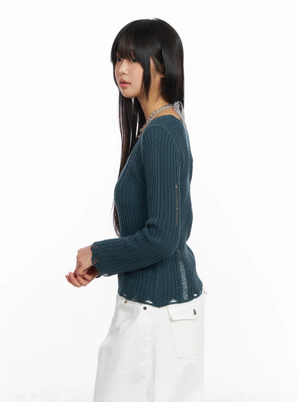 Distressed V-Neck Knit Sweater CF504