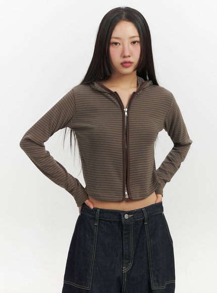 Striped Zip-Up Hooded Crop Jacket IF510