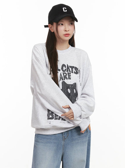 Oversized Cat Graphic Crew Neck IJ527