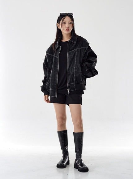 Over Fit Stitch Faux Leather Jacket Unisex CG16