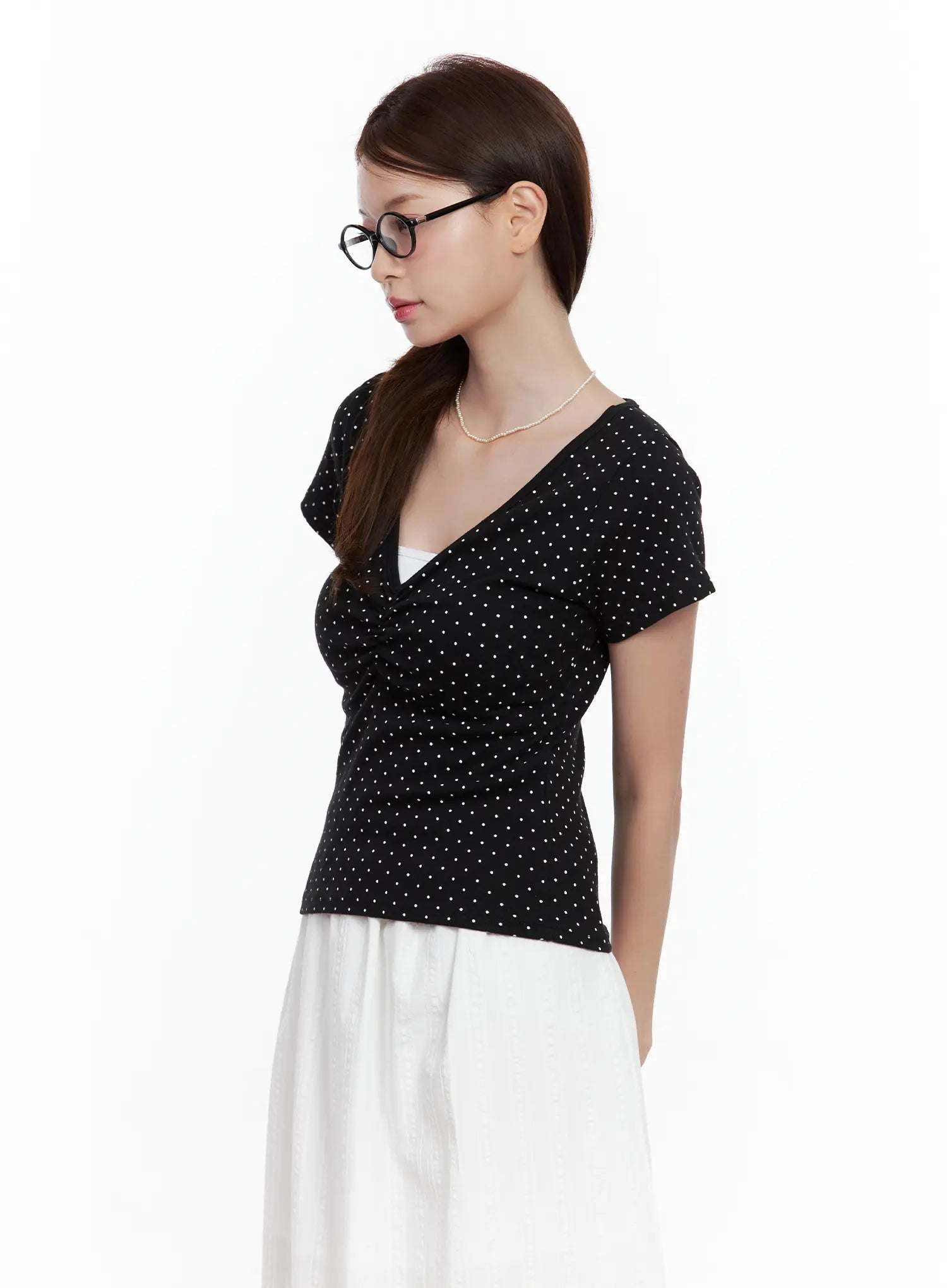 polka-dot-shirred-v-neck-top