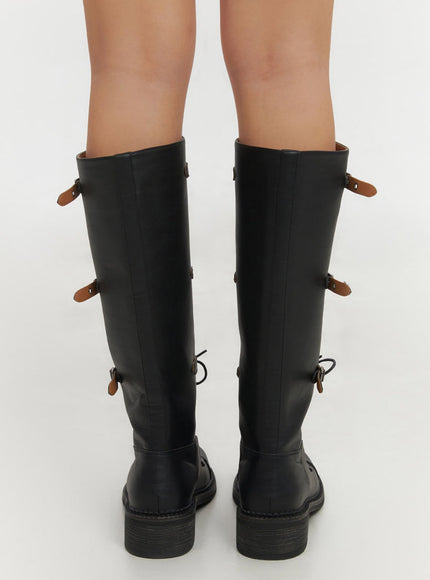 Lace-Up Buckle Faux-Leather Long Boots IF510