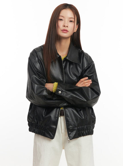 Faux Leather Zip-Up Bomber Jacket IM513