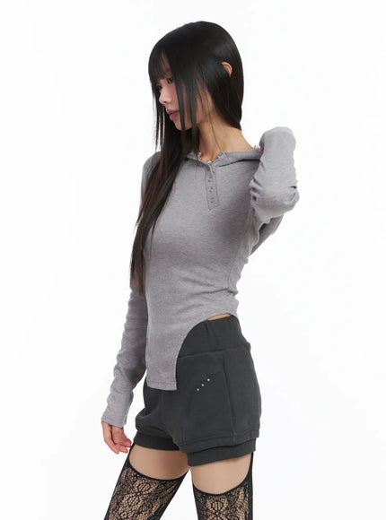 Diagonal Button Hooded Fleece Tee CJ501