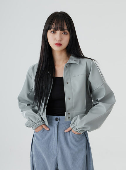 Faux Leather Button Crop Jacket OO26