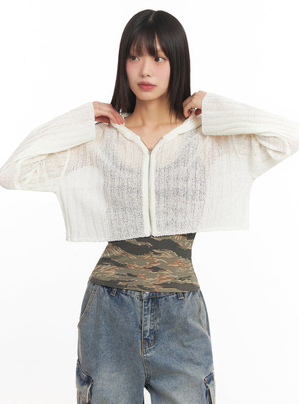 Zip-Up Sheer Hooded Cardigan IA528