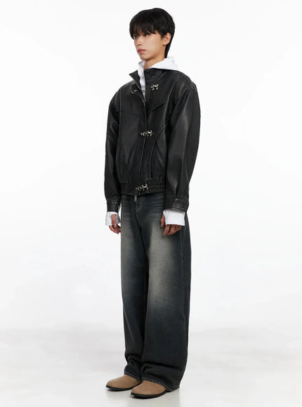 Men's Faux Leather Toggle Buckle Jacket IO516