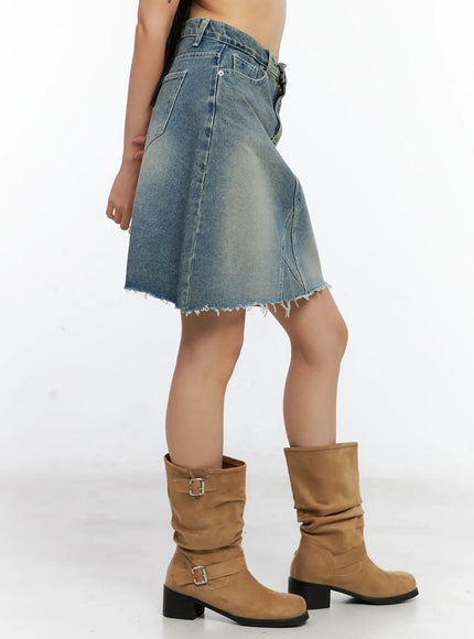 Frayed-Hem Denim Midi Skirt CL529