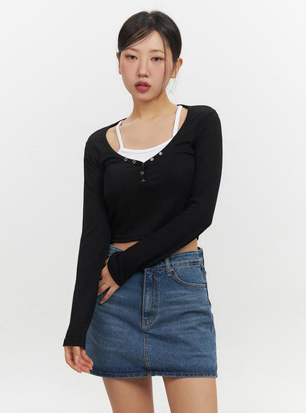 Buttoned Layered Long-Sleeve Crop Top IF510