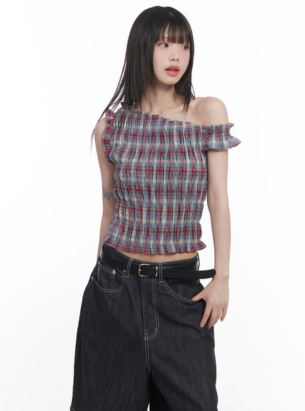Plaid Off-Shoulder Blouse IN503