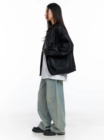 Oversized Faux Leather Baseball Jacket CO515
