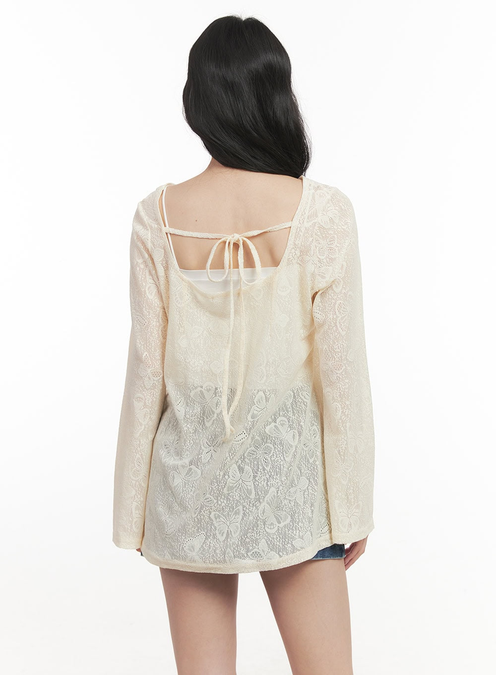 Butterfly Lace Sheer Long-Sleeve Top CF513