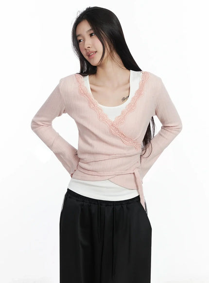 Lace Trim V-Neck Wrap Top IM506