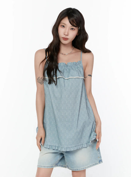 bohemian-ruffle-sleeveless-top-cy515 / Light blue