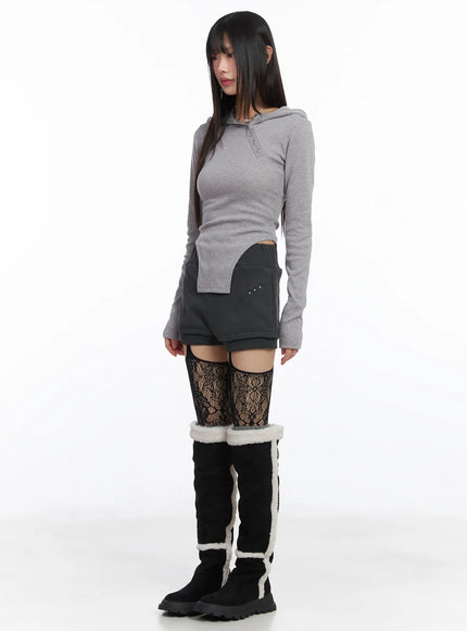 Diagonal Button Hooded Fleece Tee CJ501