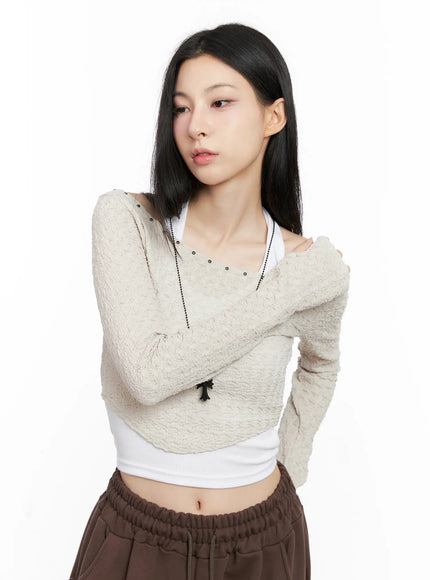 Cropped Eyelet Long Sleeve Top CG525