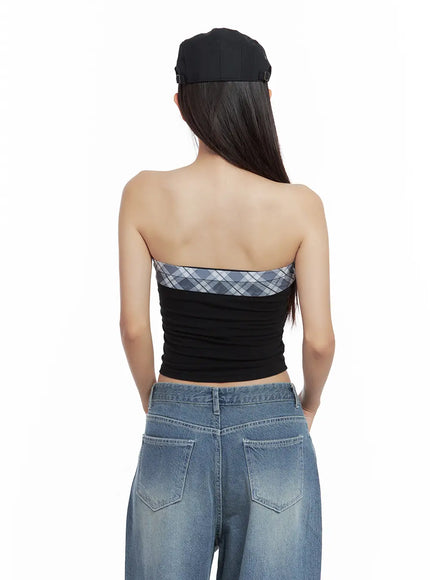contrast-plaid-tie-tube-top-cl508
