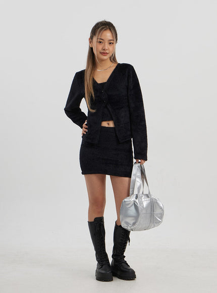 Teddy Cardigan Tube Top And Mini Skirt Set CJ325