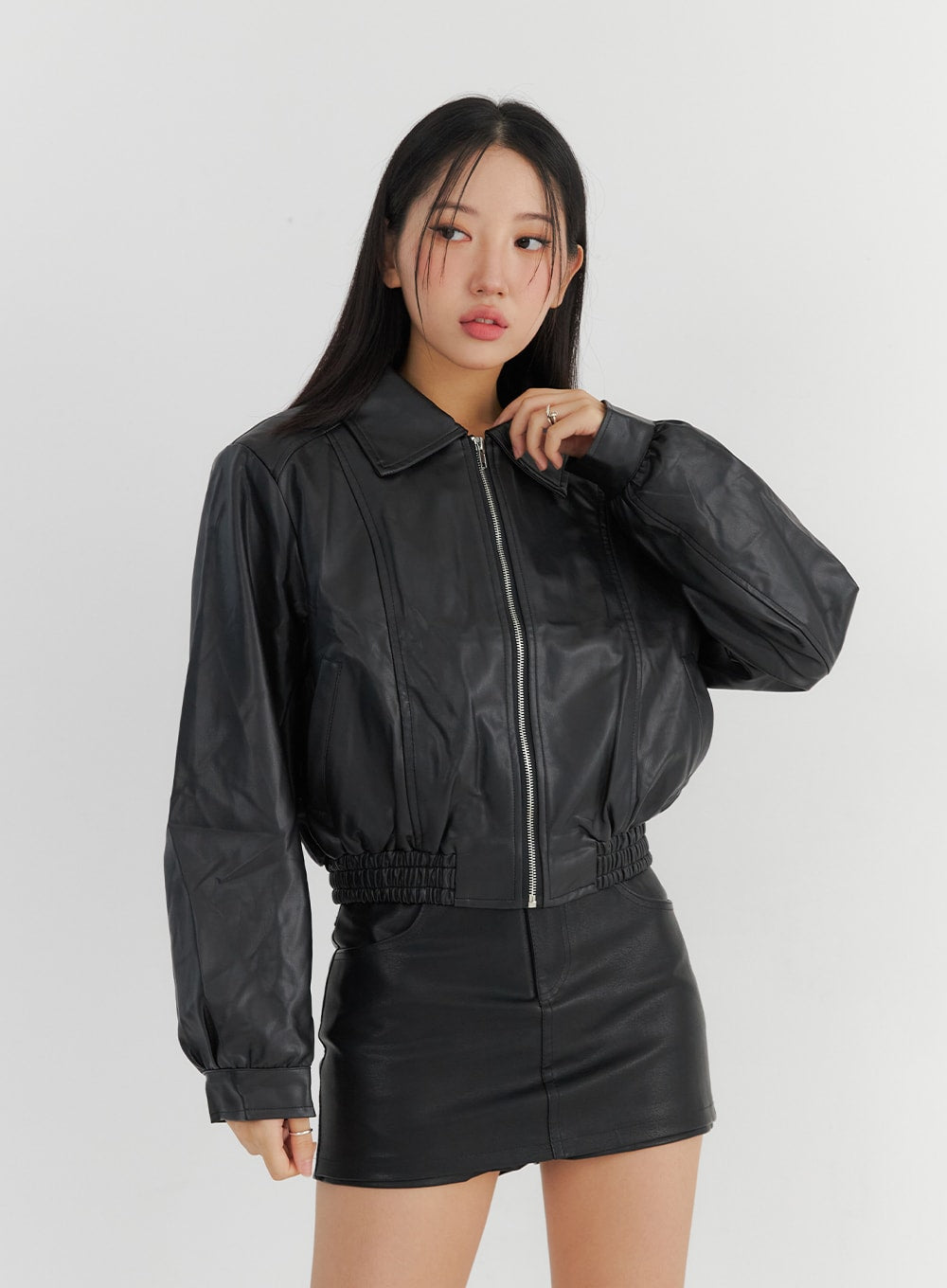 Collar Faux Leather Zip-Up Jacket CO325