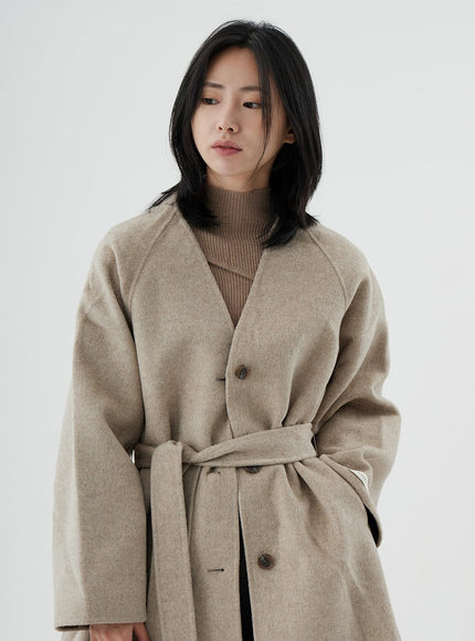 V-Neck Waist Tie Long Coat ON02
