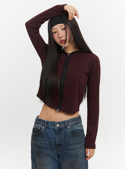 Striped Zip-Up Hooded Crop Jacket IF510