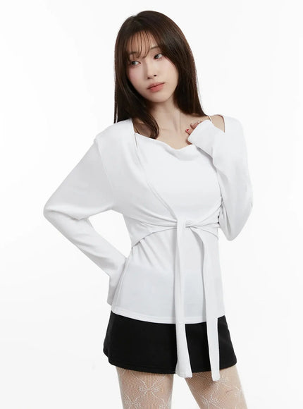 Tie Layered Knit Cami Cardigan Set IJ516